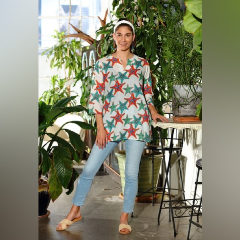 KIKISOL SIZE XL~COVER UP ~BEACH DRESS~ SHIRT WITH JEANS ~100 COTTON PATTERN